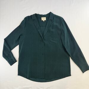 SÉZANE Blouse Women's Green Polka Dot US 12 Large Silk Long Sleeve Button Up Top